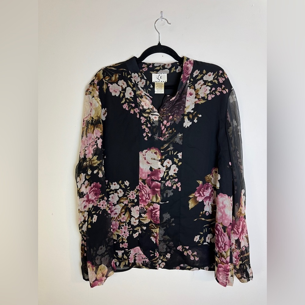 Vintage Silk Floral Blouse 3X Sheer Sleeve Frog Closure Goth Boho - Picture 7 of 12